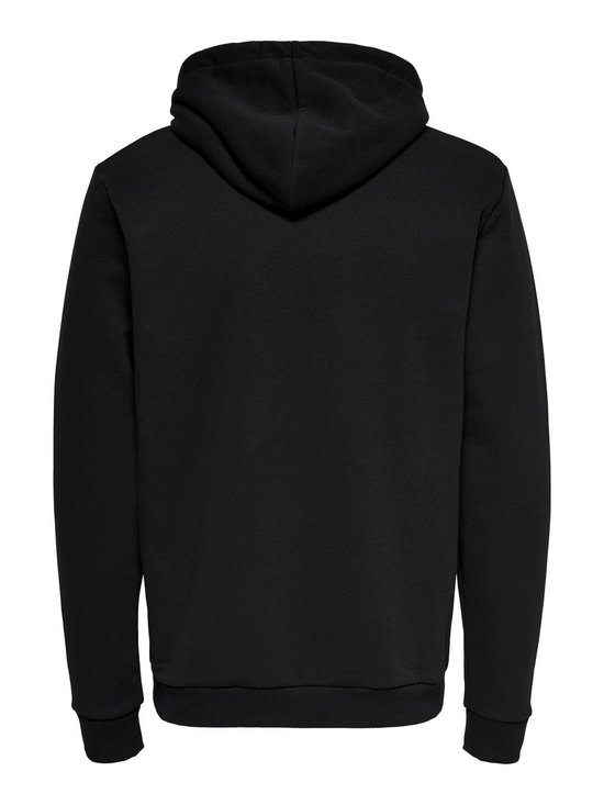 Zwarte hoodie van de achterkant, met capuchon en lange mouwen.