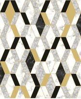 Hexagone ruit grafisch wit/zw/goud modern (vliesbehang, goud)