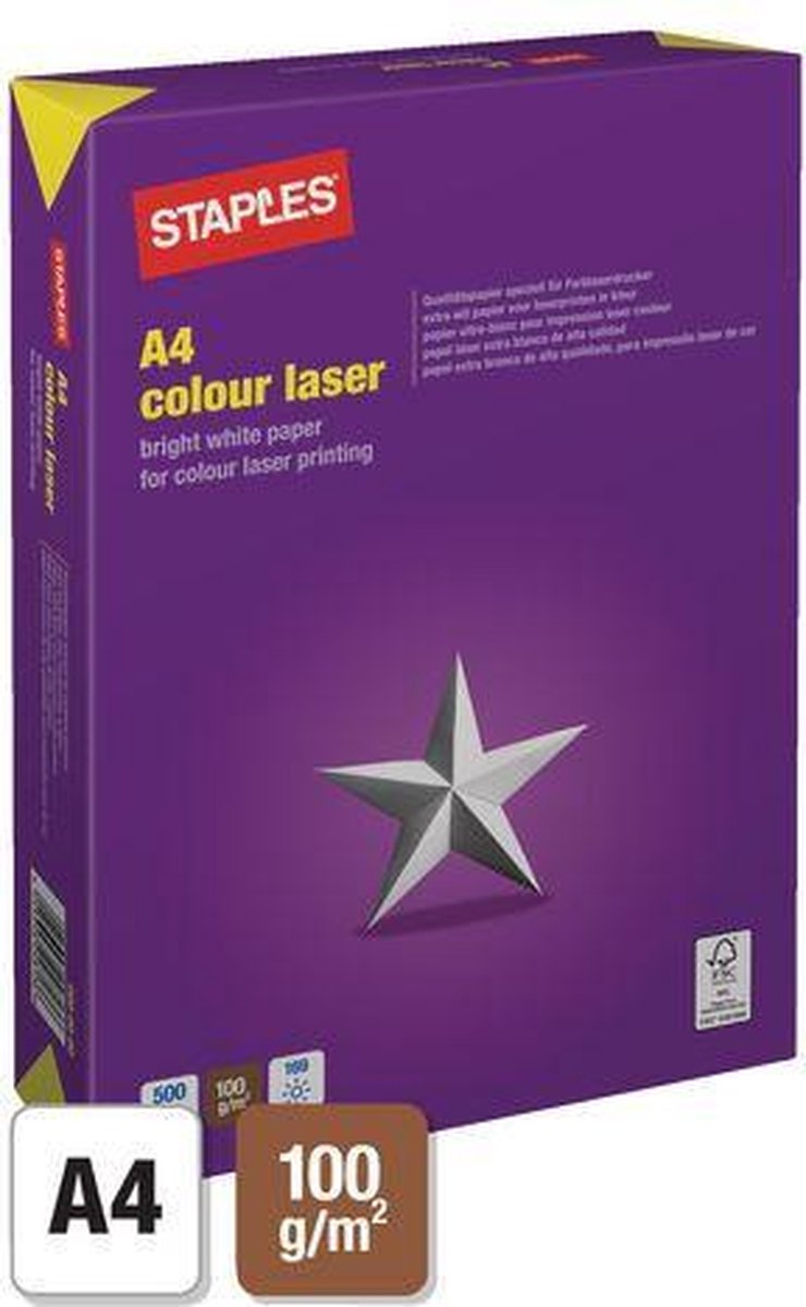 Papier laser couleur Staples , A4, 90 g / m², Wit (boîte de 5 x 500  feuilles) | bol