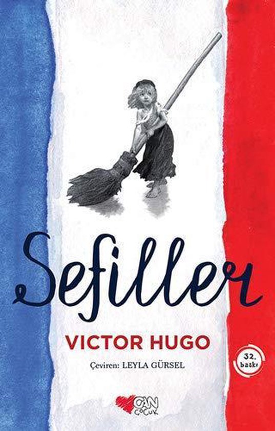 Boekomslag van 'Sefiller' van Victor Hugo, met een illustratie van een meisje met een bezem en de Franse vlag.