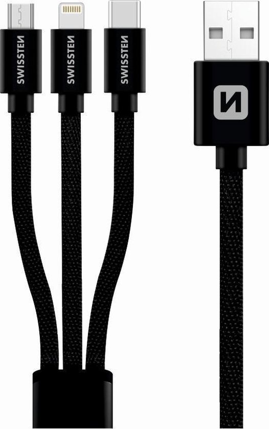 Swissten 3 in 1 kabel - Micro USB / USB-C / Lightning kabel voor o.a. iPhone  & Samsung... | bol.com