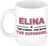 Naam cadeau Elina - The woman, The myth the supergirl koffie mok / beker 300 ml - naam/namen mokken - Cadeau voor o.a verjaardag/ moederdag/ pensioen/ geslaagd/ bedankt