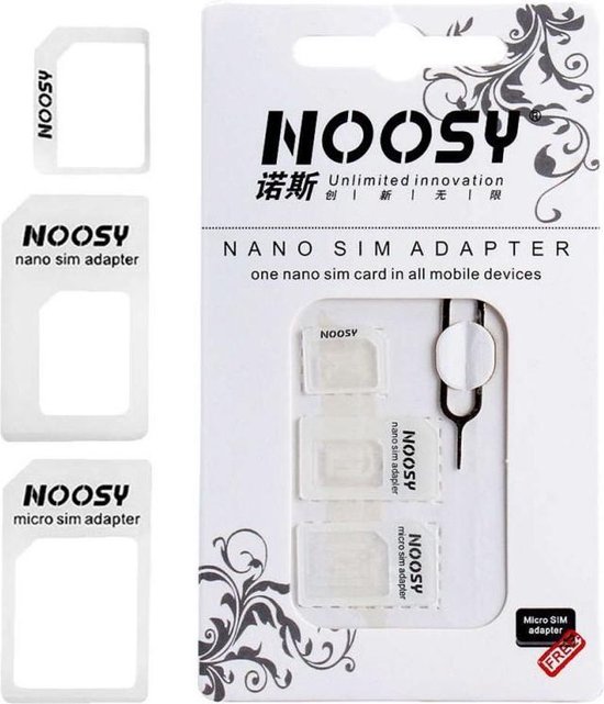 Noosy wit 4 In 1 Micro SIM Adapter / Nano Adapter / SIM Adapter met Eject Pin voor iPhone , HTC, Samsung, LG, Motorola, Sony, Nexus, Met SIM retail Box, Hoge Kwaliteit.