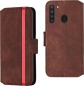 Voor Galaxy A21 vintage matte olierand horizontale flip lederen tas met beugel en kaartsleuven (wijnrood)