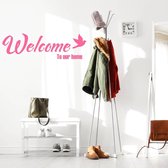 Muursticker Welcome To Our Home Met Vogel - Roze - 120 x 38 cm - engelse teksten woonkamer