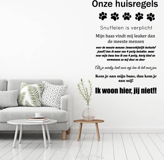 Muursticker Onze Huisregels (hond) - Zwart - 60 x 73 cm - nederlandse teksten woonkamer raam en deur stickers - honden