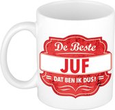 De beste juf cadeau koffiemok / theebeker wit met rood embleem - 300 ml - keramiek - cadeaumok juffrouw