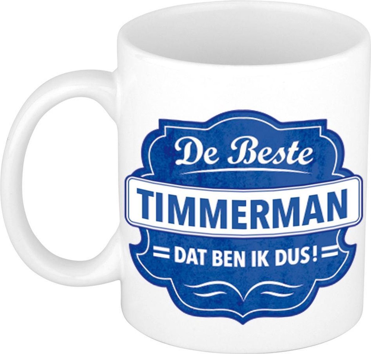 De beste timmerman cadeau koffiemok / theebeker wit met blauw embleem - 300 ml - keramiek - cadeaumok timmerman / meubelmaker / schrijnwerker