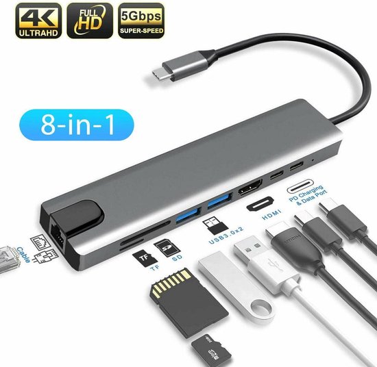 8-in-1 USB-C Hub Adapter - Compatible met Thunderbolt 3 - USB 3.0 - MT Deals