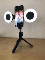 Selfie Ring Light - Ringlamp - Bluetooth Selfie Stick tot 66cm uitschuifbaar met dubbel Ring Light - Statief met dubbel led ring light - afstandbediening - zwart