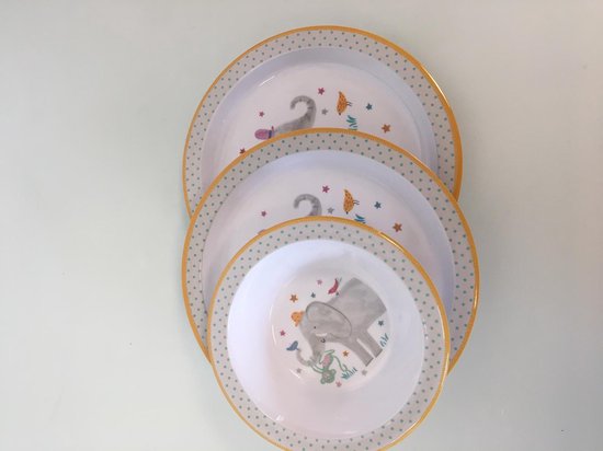 Plastic kinderservies met olifantje en versierde randjes - 2 platten borden + 1 diep bord |