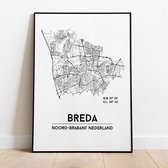 Breda city poster, A4 zonder lijst, plattegrond poster, woonplaatsposter, woonposter