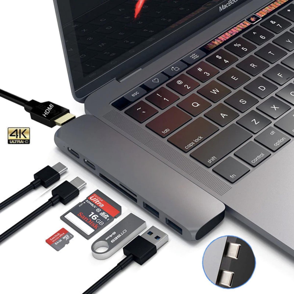 BrightNerd - 7 in 1 USB C adapter Macbook Pro / Air 2020 - USB C naar HDMI - Thunderbolt 3 - USB 3.0 - Micro SD - Nieuw Model 2020 - Merkloos