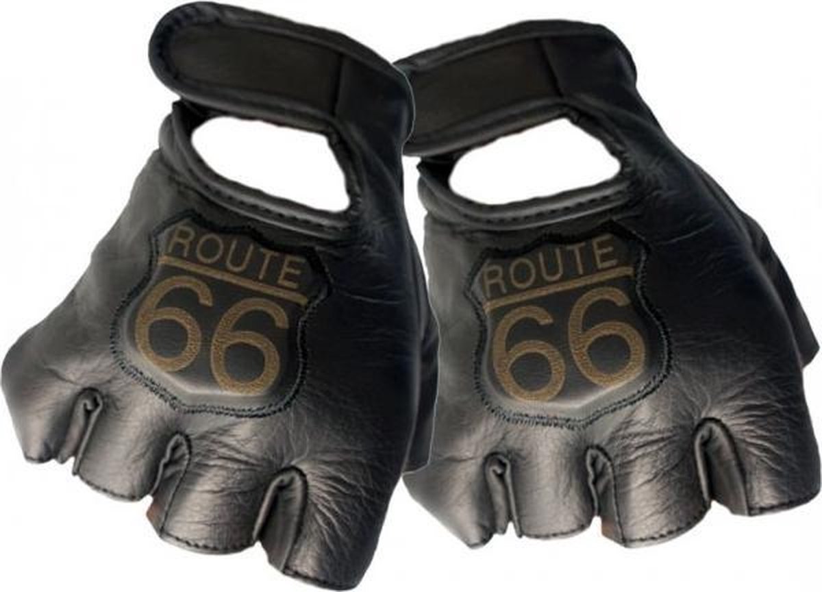 Leren handschoenen zonder vingers (mofjes) met Route 66 afbeelding maat 3XL