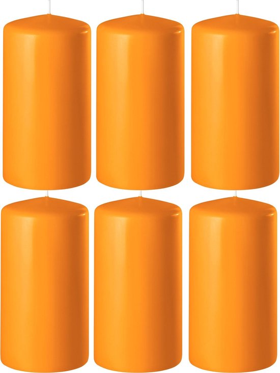 6x Oranje cilinderkaarsen/stompkaarsen 6 x 15 cm 58 branduren - Geurloze kaarsen oranje - Woondecoraties
