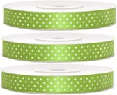 3x Hobby/decoratie appel groene satijnen sierlinten met witte stippen 1,2 cm/12 mm x 25 meter - Cadeaulinten satijnlinten/ribbons - Appel groene linten met witte stippen - Hobbymateriaal benodigdheden - Verpakkingsmaterialen