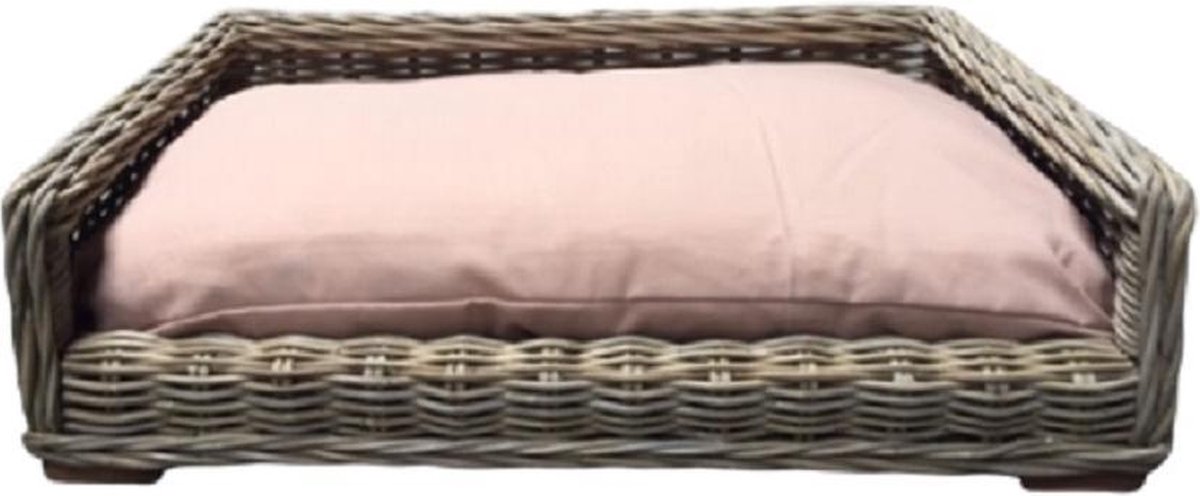 Rieten Hondenbank KUBU 96 x 67 cm + Polyesther kussen Taupe lichtbruin