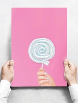 Wandbord: Kleurrijk en minimalistische lollipop met roze achtergrond - 30 x 42 cm