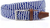 Thimbly Belts Nette blauw witte riem afgewerkt met leer - heren en dames riem - 3.5 cm breed - Blauw / Wit - Echt Katoen / Leer - Taille: 90cm - Totale lengte riem: 105cm