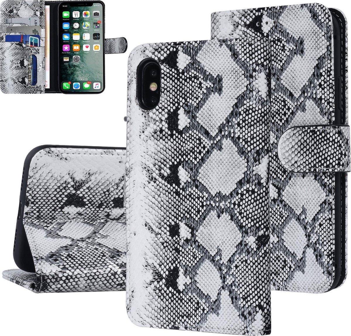 UNIQ Accessory Zwart en Wit Slangenleer hoesje voor iPhone X-Xs - Book Case