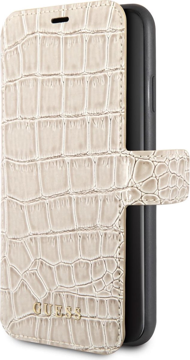 Guess Beige hoesje iPhone X-Xs - Book Case - Echt leer - GUFLBKSPXCSCROBE