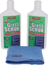 Clean-X glas Glass Scrub (set) bestaande uit 2 flessen Clean-X Glass Scrub (reinigingspasta) van 300 ml + 1 High performance schoonmaakdoekje (merk 3M) blauw - Professionele produc