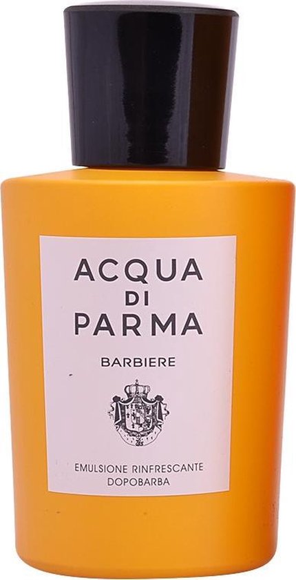 Gele fles met een wit etiket van Acqua di Parma Barbiere, verfrissende aftershave emulsie.