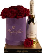 ROYAL BLOSSOM - Bloemendoos 10 Stuks Rode Rozen + Met Fles Moet & Chandon Ice Imperial - Purple Velvet Doos inclusief 10 RODE ROZEN - LONG LIFE Rozen - Geschenk/Cadeau/Giftbox