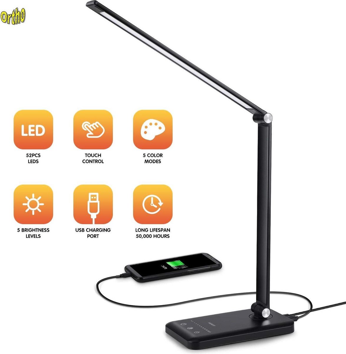 Ortho® - Bureaulamp - Bedlamp - Leeslamp - Nachtlamp - LED - Kleur licht, van Warm Wit tot Daglicht - Dimbaar - met USB oplaadpoort - Zwart thumbnail 2