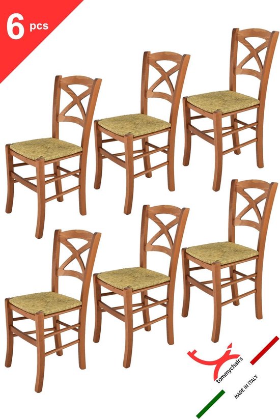 Tommychairs - Lot de 6 chaises modèle Cross. Très approprié pour la cuisine, la salle à manger, mais aussi pour la restauration. Structure en bois, en bois de cerisier avec passepoil en paille