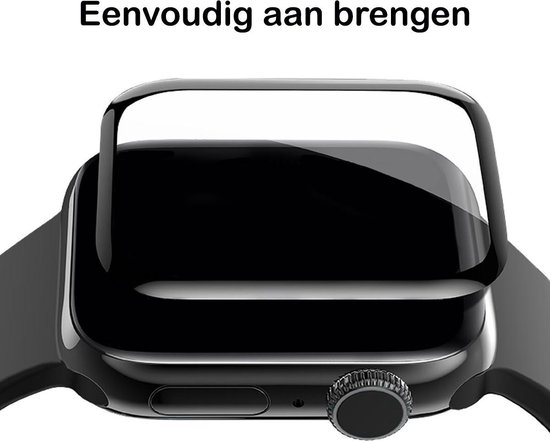 Een zwarte Apple Watch met een doorzichtige screenprotector die eroverheen wordt geplaatst.