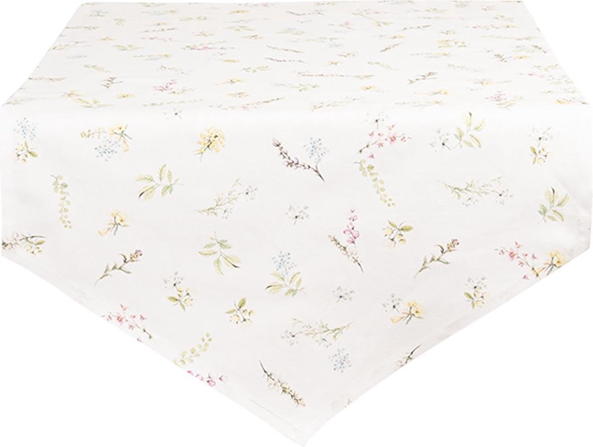 Clayre & Eef Tafelloper 50x160 cm Wit Roze Katoen Bloemen