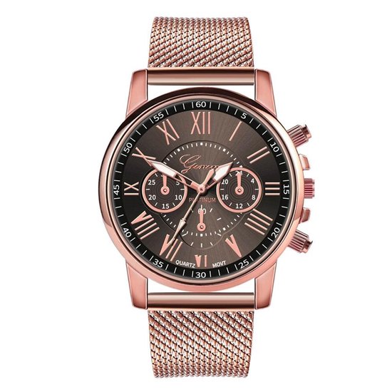 Fako® - Horloge - Geneva - Roman - Mesh Look Rosé - Ø 40mm - Zwart