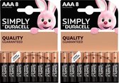 Set van 16x Duracell AAA Simply batterijen 1.5 V - alkaline - LR03 MN2400 - Batterijen pack