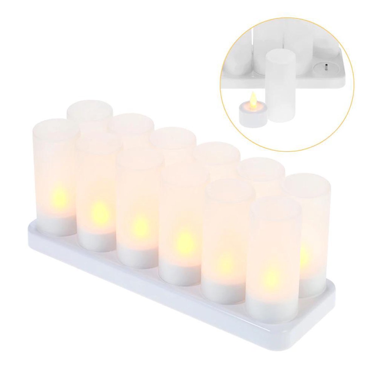 LED Kaarsen + Oplaadbare Basis – Veilige Waxinelichtjes – Decoratie – 12  Stuks + Cups | bol.com
