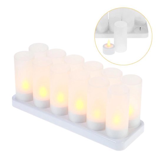 LED Kaarsen + Oplaadbare Basis – Veilige Waxinelichtjes – Decoratie – 12  Stuks + Cups | bol.com