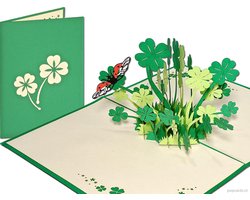Popcards.nl pop-up kaart - Geluksklaver Klavertje Vier 4 Lieveheersbeestje Tuin Vriendschap Hoop Geloof Liefde Geluk Valentijn pop-up kaart 3D wenskaart