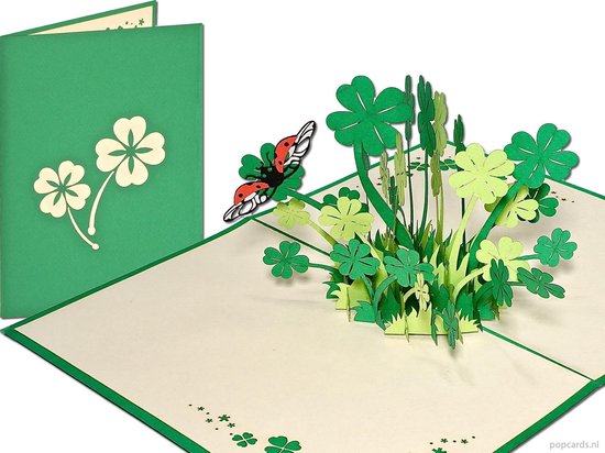 Popcards popupkaarten - Geluksklaver Klavertje Vier 4 Lieveheersbeestje Tuin Vriendschap Hoop Geloof Liefde Geluk Valentijn pop-up kaart 3D wenskaart