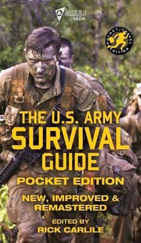 Boekcover van 'The U.S. Army Survival Guide Pocket Edition'. Een groep militairen loopt in gevechtskleding door de jungle. Tekst: 'The U.S. Army Survival Guide Pocket Edition'.