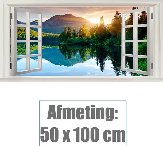 Peinture sur toile * Fenêtre Extra avec vue sur les Montagnes et le lac * - Couleur - Fenêtre réaliste - 50 x 100 cm