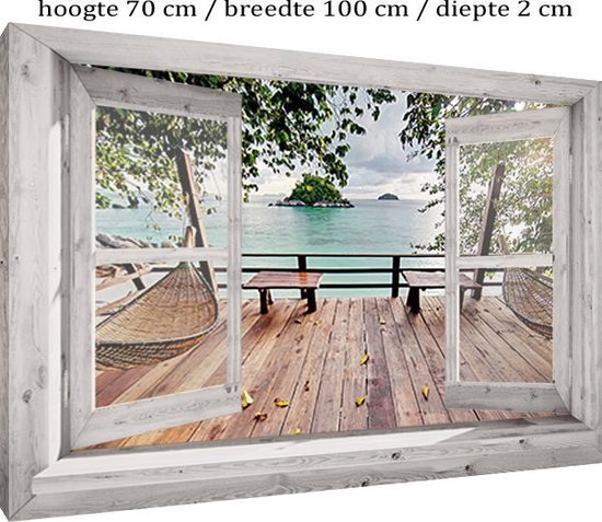 Buitencanvas op houten frame gespannen - 75x100x2 cm - Wit venster met  Vlonderterras -... | bol.com