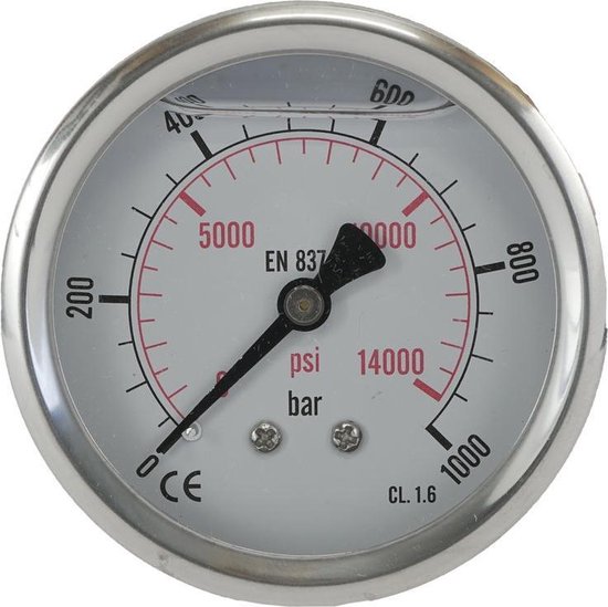 Wildkamp Manometer Rvs 0..1000 Bar Glycerine Manometer Achteraansluiting RVS/Messing 63 mm ...