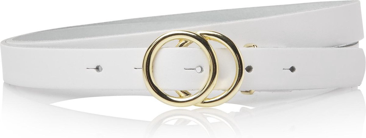 Take-it Witte Dames Riem met Dubbele Ringen Gesp - Smalle Riem - Gouden Ringen - 2 cm breed - Echt Leer - Wit - Lengte totaal 115 cm / Riemmaat 105