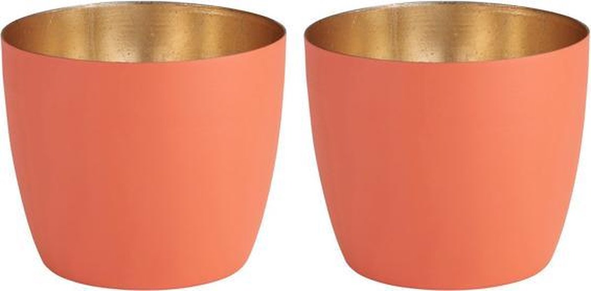Waxinelichtjeshouders in Koraal Oranje & Nudegold - set van 2 - hoogte 8,5 cm