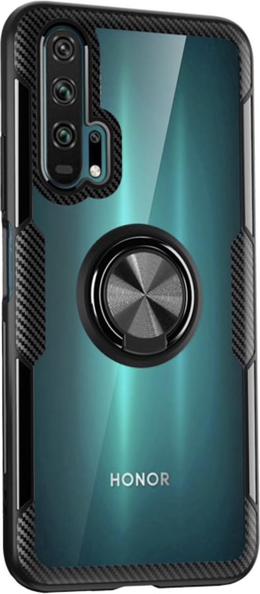 Honor 20 Pro Magnetische Back cover - Zwart - Carbon - voor autohouder - met Kickstand