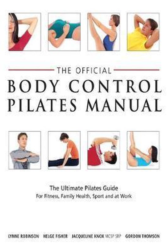 De officiële Body Control Pilates handleiding, met afbeeldingen van mensen die pilatesoefeningen uitvoeren.