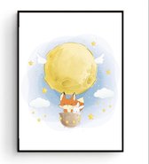 Postercity - Design Canvas Poster Vos en Konijn in Maan Ballon / Ruimte / Kinderkamer / Dieren Poster / Babykamer - Kinderposter / Babyshower Cadeau / Muurdecoratie / 40 x 30cm / A3