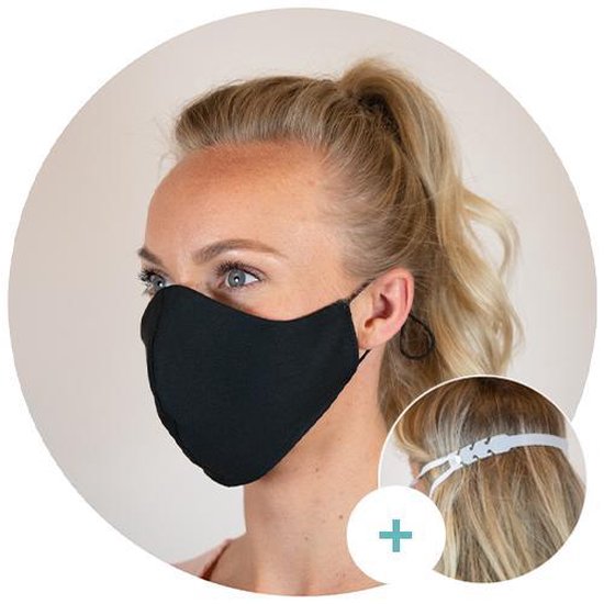 Mondkapje wasbaar + masker verlenger - Mondmasker - Face Mask - Gezichtsmasker - Gezichtsbescherming – Adembescherming - Herbruikbaar – niet medisch - met elastiek - ecologisch - 3-laags - volwassenen - zwart