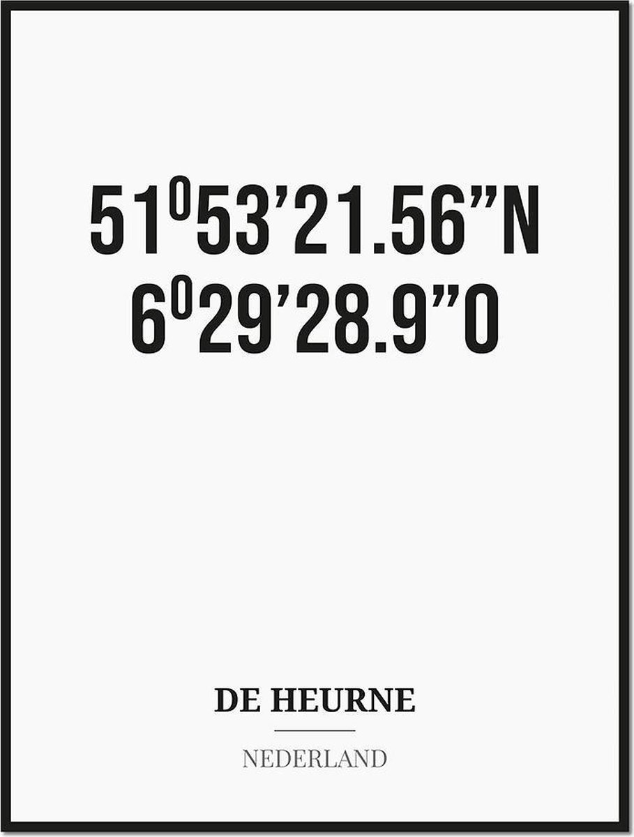 Studio216 Poster/kaart DE HEURNE met coördinaten zwart, wit