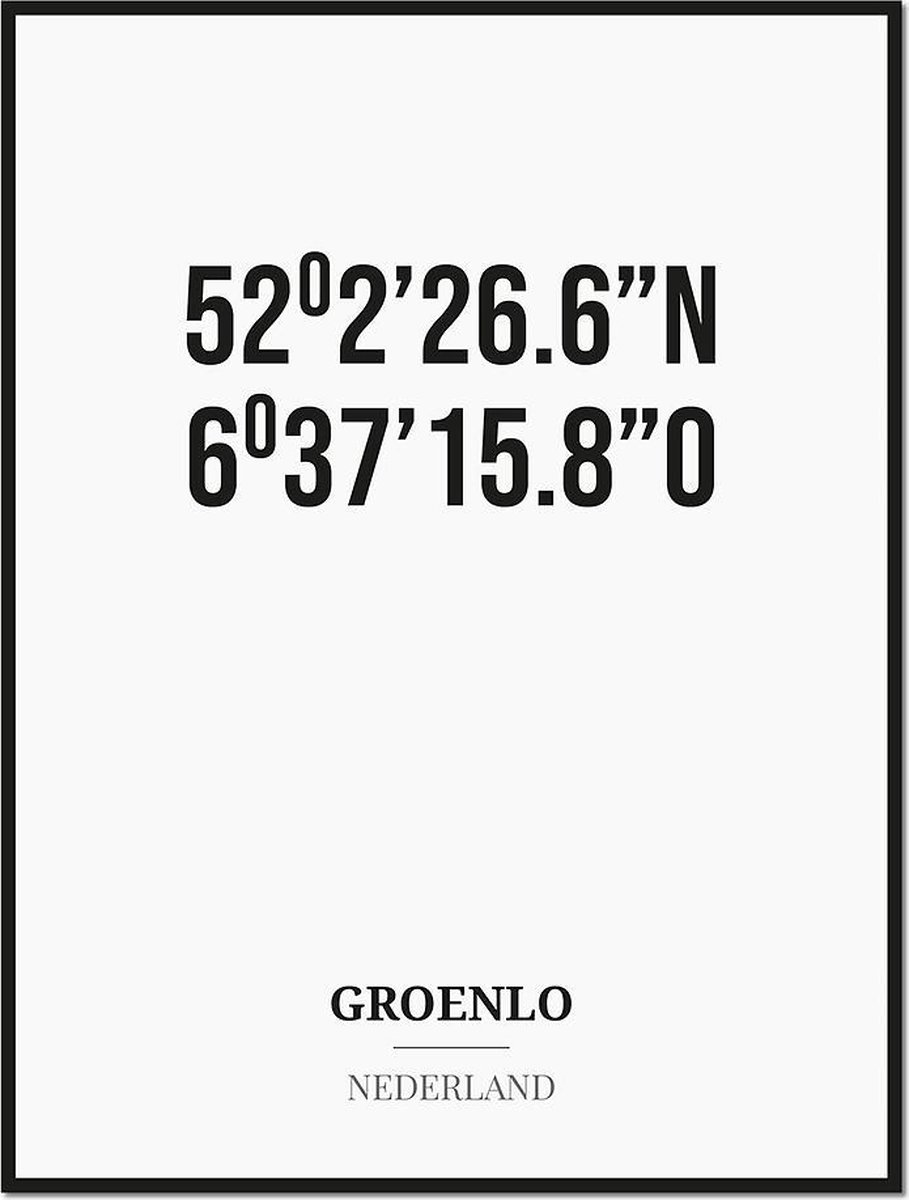 Studio216 Poster/kaart GROENLO met coördinaten zwart, wit